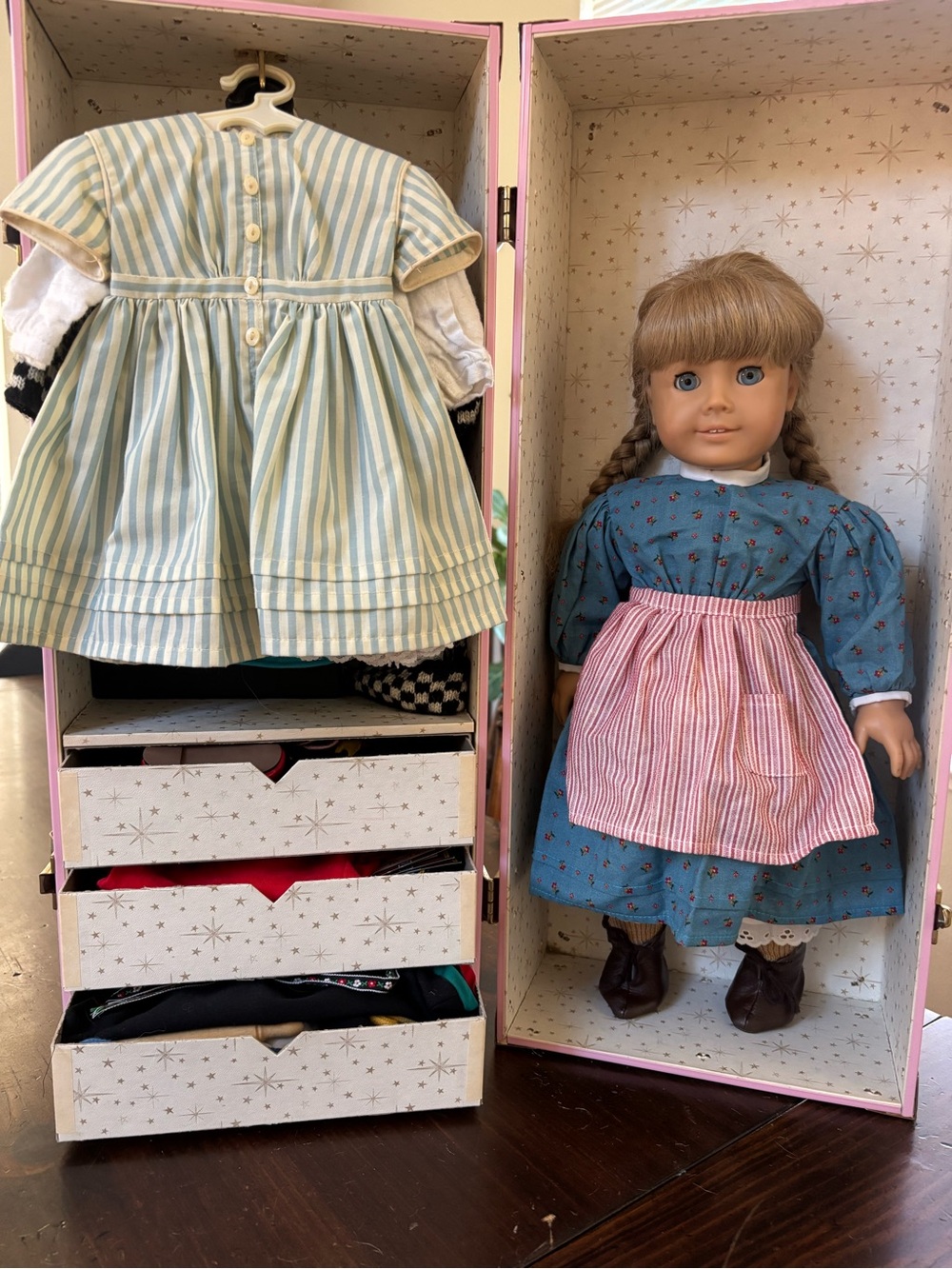 American Girl Doll Kirsten in Blue Floral Dress with Pink Stripe Apron